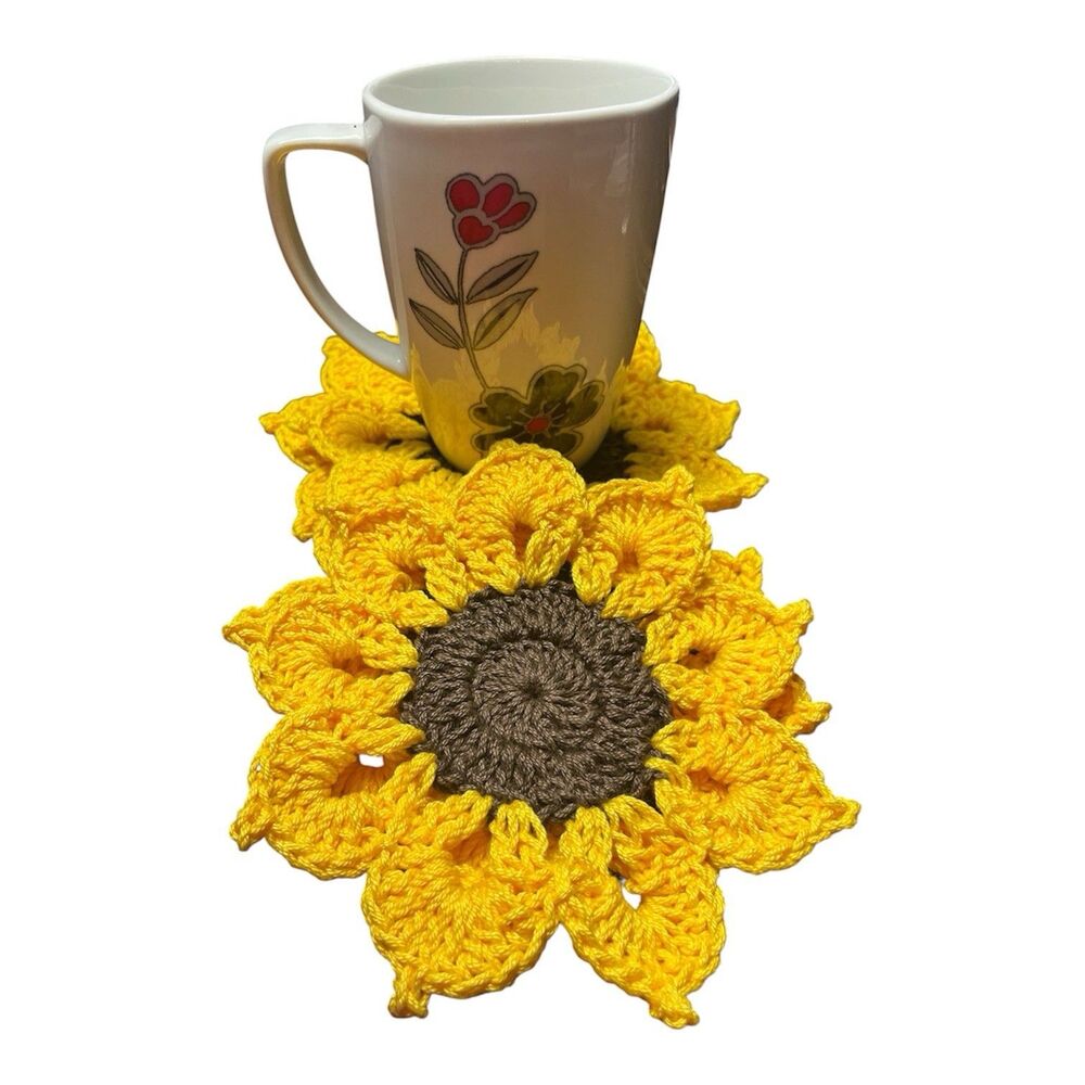 Handmade Crochet Sunflower Coasters Set of 4 Yellow Brown Farmhouse Decor
